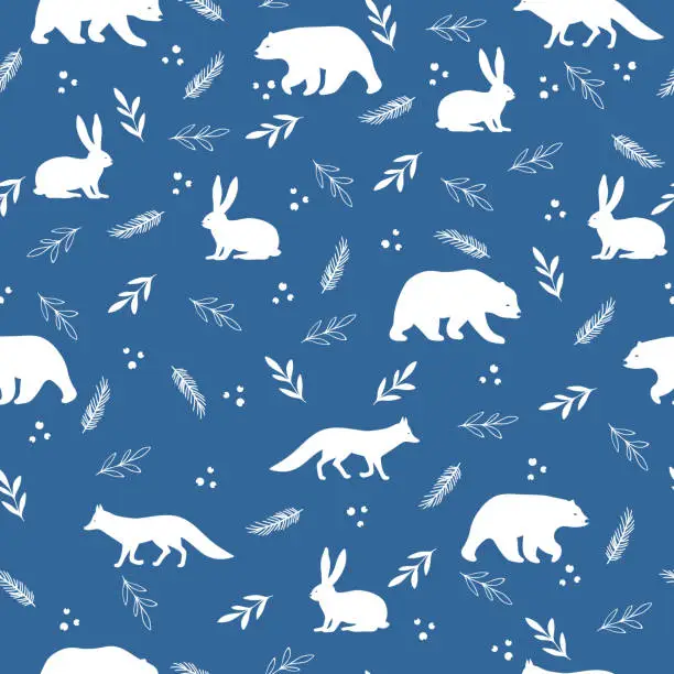 Vector illustration of Animals winter seamless pattern. Christmas seamless pattern with bears, foxes, hares and winter branches and berries