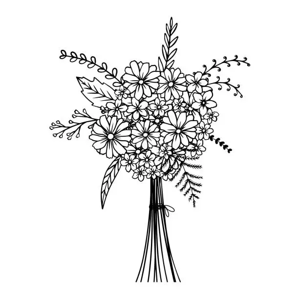 Vector illustration of Cute bouquet. Wedding Bouquet. Anti stress coloring book page for adults or children.Outline vector drawing of flowers. Page of floral pattern in black and white.
