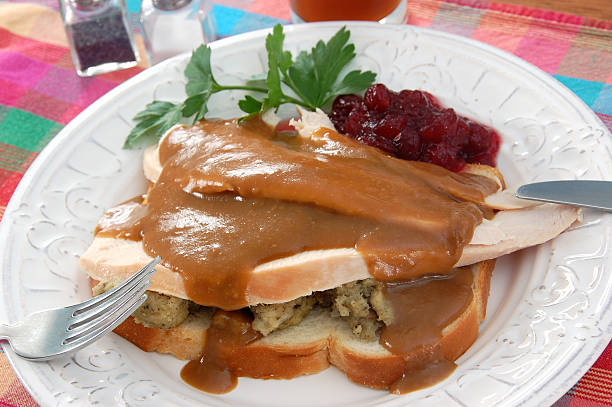 hot truthahn-sandwich - roast turkey turkey thanksgiving holiday stock-fotos und bilder