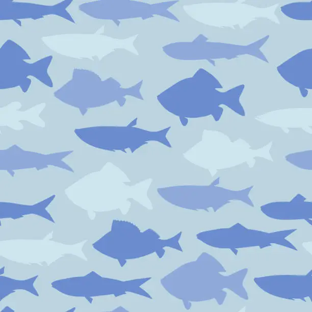 Vector illustration of Seamless pattern with river fish. Pike, carp, perch, sardine on blue background