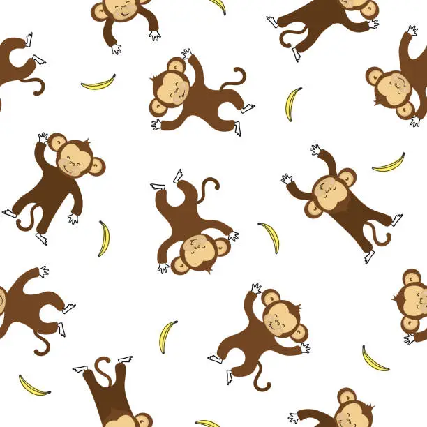 Vector illustration of Seamless funny monkeys colorful collection. Cute animal wildlife character.