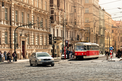 Prague, Czechia - September 12, 2022:  Street car tram public transportation on the cobblestone streets of Old Town Czech Republic Czechia