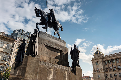 Prague, Czechia - September 19, 2022:  Czech National Museum and statue of Saint Wenceslas on Wenceslas Square public boulevard and centre of the business and cultural communities in the New Town Prague Czechia Europe