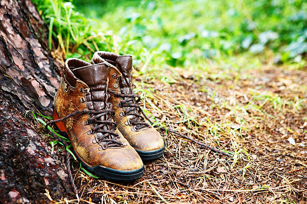 istock Battered boots sit next to  tree trunk in the woods 182883307