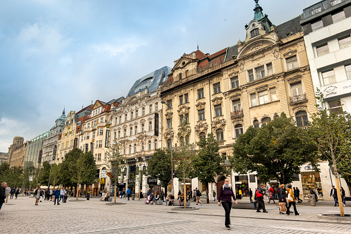 Prague, Czechia - September 15, 2022:  People and cars gather on Wenceslas Square public boulevard and centre of the business and cultural communities in the New Town Prague Czechia Europe