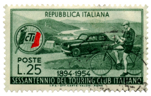 Italian Touring Club postage stamp featuring a bicycle and automobile. Issued in 1954.