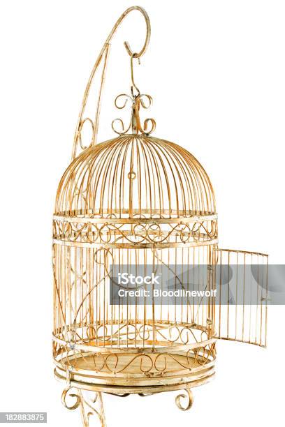 Isolato Gold Cage - Fotografie stock e altre immagini di Gabbia per gli uccelli - Gabbia per gli uccelli, Scontornabile, Sfondo bianco