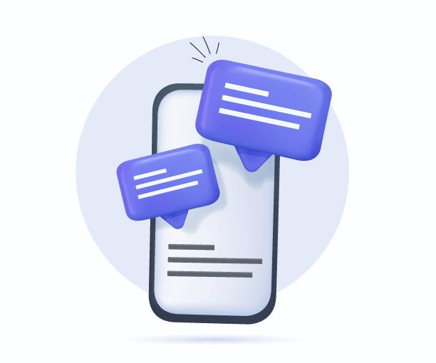 bildbanksillustrationer, clip art samt tecknat material och ikoner med online communication, speech bubbles on mobile phone with alert notice. messenger, comment 3d user reply sign, reminder - informationsskylt