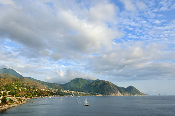 Caribbean Island of Dominica in late afternoon sunlight.