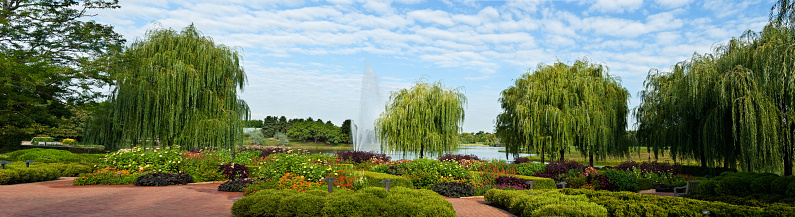 Panoramic view of Chicago Botanical Garden in summer.