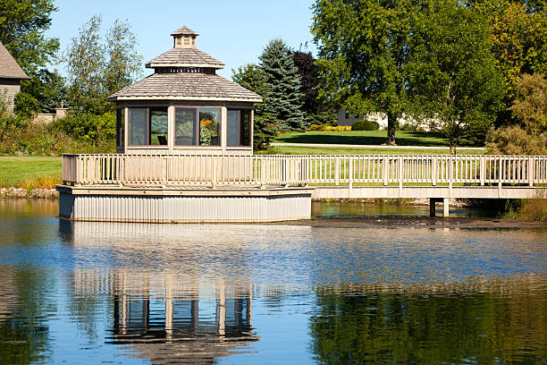 istock Private Gazebo Island in Lake With Dock 182884744
