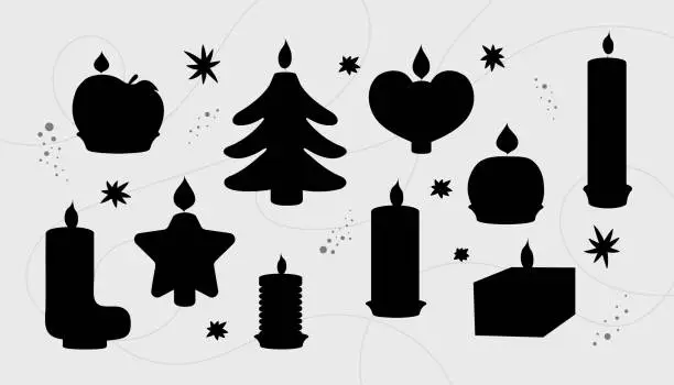 Vector illustration of Vector set in silhouette Candles New Year. Christmas tree, star, gift boot, tangerine, gift, heart.