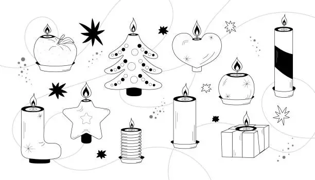 Vector illustration of Vector counter set Candles New Year. Christmas tree, star, gift boot, tangerine, gift, heart.