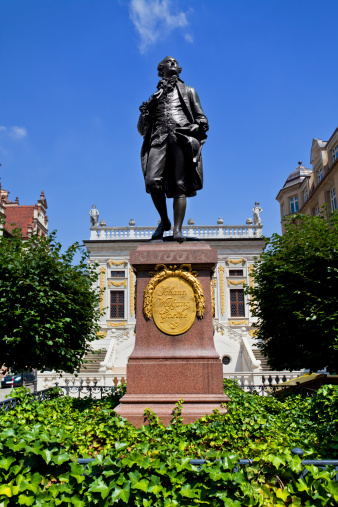 Monument of Johann Wolfgang Goethe in Leipzig (Saxony) in Germany. It's made in 1902 from C. L. Seffner (1861-1932) and stands in front of the old stock exchange. On the left side the old townhall from Leipzig.