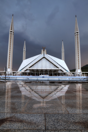 The Faisal Mosque after sunset in Islamabad is the largest mosque in Pakistan and South Asia and the sixth largest mosque in the world. HDR image