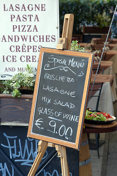istock Typical Italian menus on blackboards outside cafe 182886647