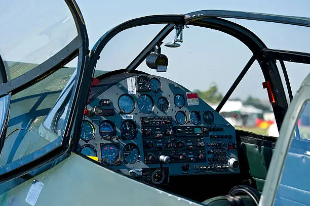 Cockpit of a vintage airplane - a Messerschmitt 108 from the 1930s.Please note: all words/printings are generic expressions only (mostly in German language) - I removed all brandnames etc.See related pictures:
