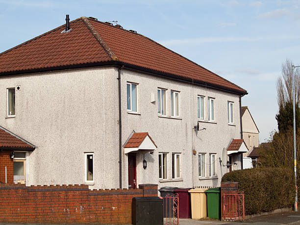 istock Semi-detached house of 1960s pebbledash design 182887445