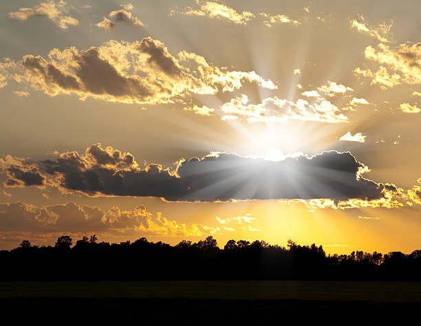 Blazing Hot Summer Sun Is Cradled in Dusk Clouds Blazing Hot Summer Sun Is Cradled in Dusk Clouds hope god lighting technique tree stock pictures, royalty-free photos & images