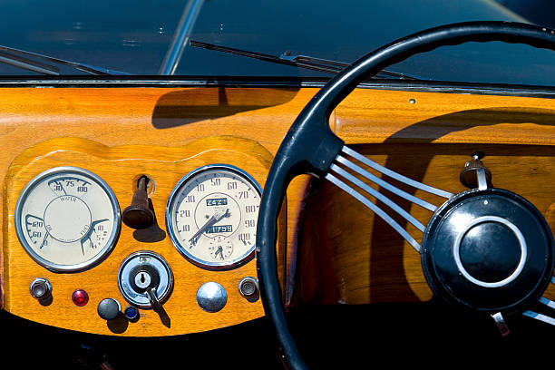 istock Wooden dashboard with steerer, vintage car from the 1920s 182888590