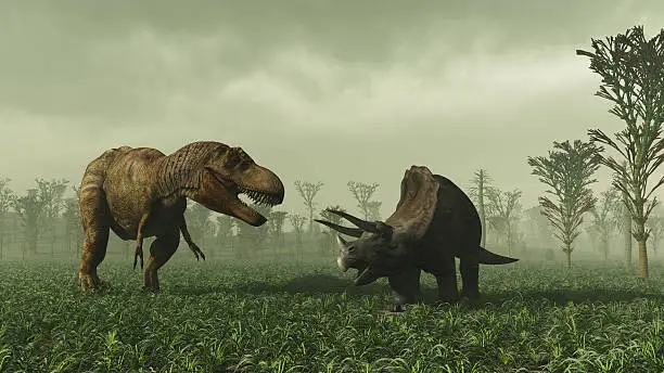 Classic prehistoric battle begins between a T-rex and Triceratops.Prehistoric accurate Horsetail carboniferous trees.