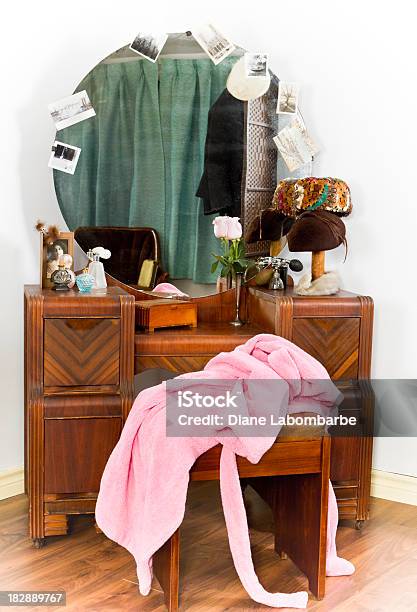 Retro Vanity Or Dressing Table Stock Photo - Download Image Now - Dresser, Perfume Sprayer, Bathrobe