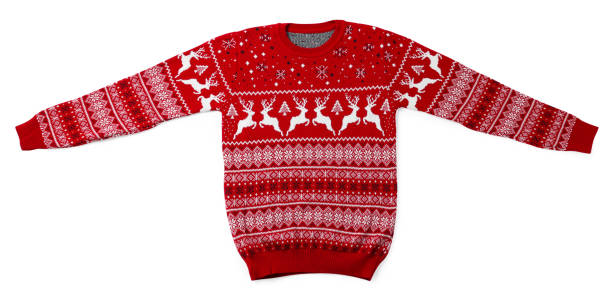istock Red Christmas sweater with reindeer ornament isolated on white, top view 1828897961