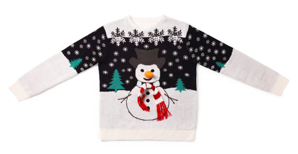 Christmas sweater with snowman isolated on white, top view