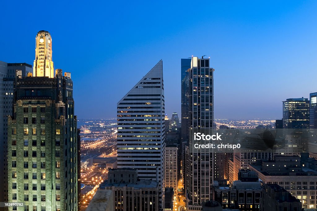 Aerial View of Chicago Loop at Dusk "Aerial view of the east side of the Chicago Loop at dusk.For more Chicago images, see:" Chicago - Illinois Stock Photo