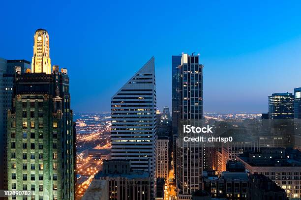 Aerial View Of Chicago Loop At Dusk Stock Photo - Download Image Now - Chicago - Illinois, Building Exterior, Chicago Loop