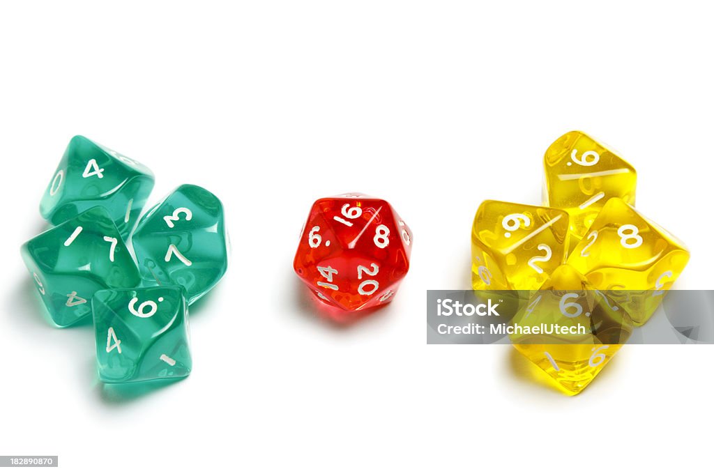 Mixed Colorful Dices "Ten sided dices (d10) and a twenty sided dice (d20) translucent in green, yellow and red." Chance Stock Photo