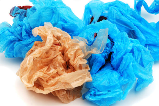istock Blue and brown plastic grocery bags. 182891178