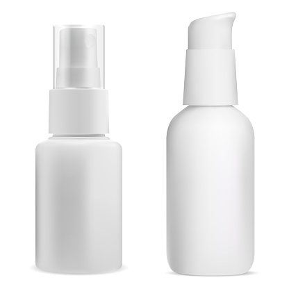 White spray container. Pump bottle mockup pack. Plastic cosmetic product package. Face or hair mist aerosol template, skin care gel packaging sample. Bathroom hygiene lotion