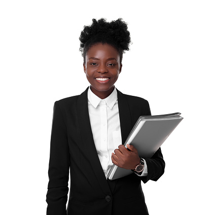 Portrait of happy woman with folders on white background. Lawyer, businesswoman, accountant or manager