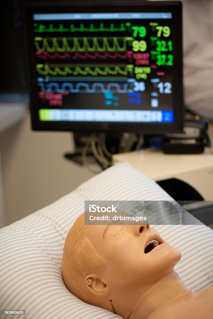 Dummy Patient in Hospital A dummy used for medical simulations. Computer Monitor Stock Photo