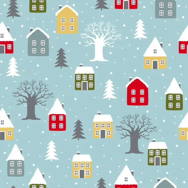 Vector illustration of Seamless hand drawn pattern. Winter Landscape background. Cute houses with christmas tree.