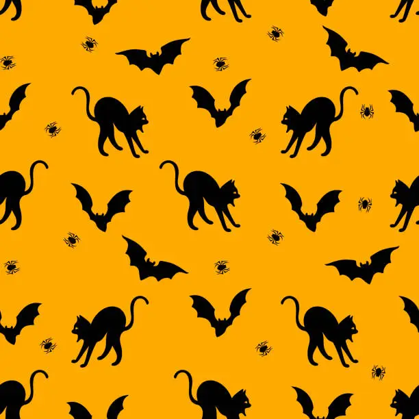 Vector illustration of Halloween seamless background. Cat, bat and spider. Cute illustrations. Background texture.