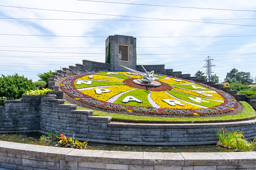 Niagara Falls, Ontario, Canada - June 30, 2022: Floral Clock in Niagara Parks, Niagara Falls, Canada in summer.