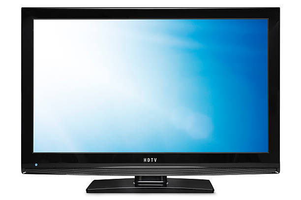 A black LCD HDTV with blue and white screen stock photo