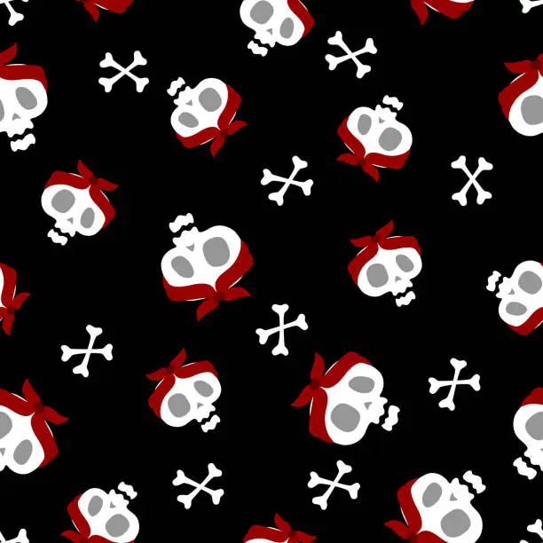 Vector illustration of Skull and bones vector seamless pattern for holiday Halloween. Background for wallpaper, wrapping, packing, and backdrop. Halloween human head.
