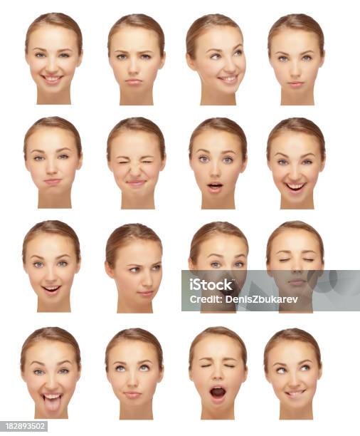 Facial Expressions Of Young Woman Stock Photo - Download Image Now - Multiple Image, Facial Expression, Human Face