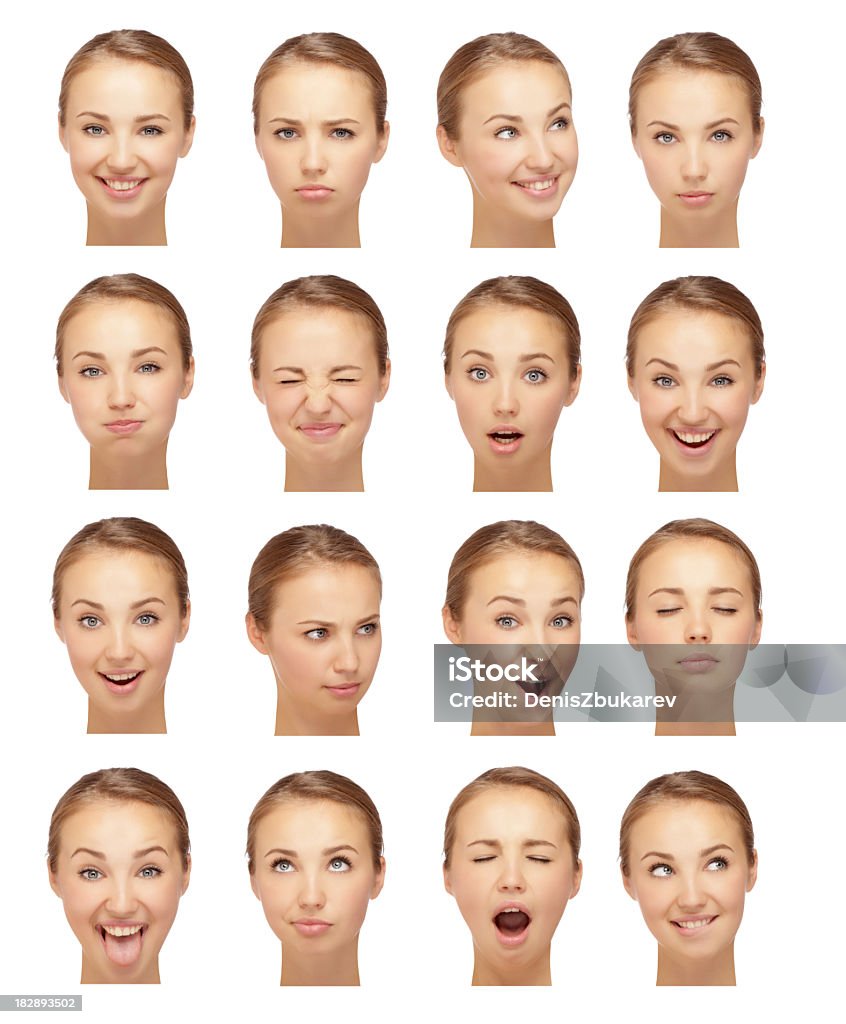 Expressões faciais de Mulher Jovem - Foto de stock de Imagem múltipla royalty-free