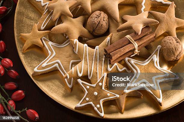 Christmas Cookies On Gold Plate Stock Photo - Download Image Now - Berry Fruit, Celebration Event, Christmas