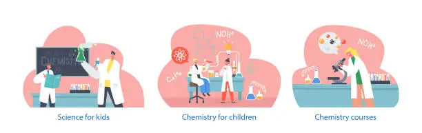 Vector illustration of Isolated Vector Elements With Children In Safety Goggles, Engage In Captivating Chemistry Experiments, Mixing Liquids