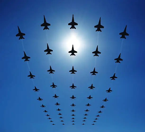 Rows of fighter jets flying in the sky. Clear sunny day. Check out some other airplane files: