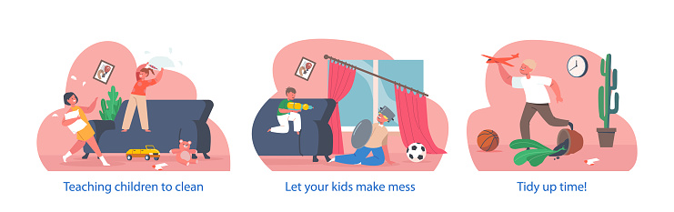 Isolated Vector Elements, Chaos Reigns As Gleeful Kids Characters Unleash Their Creativity, Turning A Once Tidy Space Into A Joyful Disaster. Colors, Toys, And Laughter Merge In The Delightful Mess