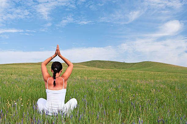 istock Young woman practicing yoga on the meadow 182895331
