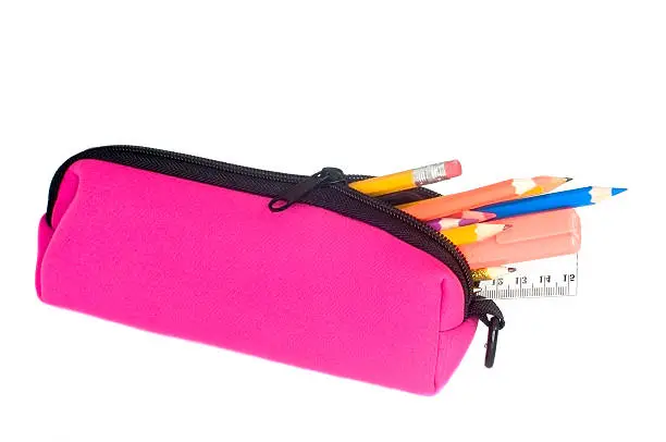 Photo of Pink Pencil Case With Pencils Inside on White Background