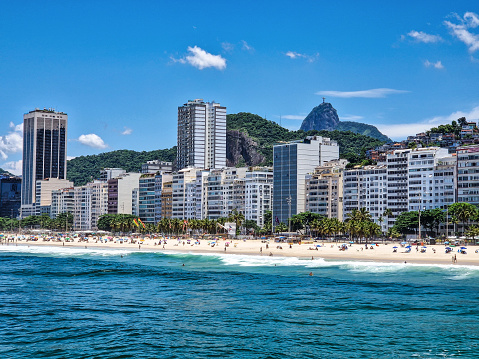 Rio de Janeiro, Brazil - Dec 01, 2023: Copacabana beach in Rio de Janeiro, Brazil. Copacabana beach is the most famous beach of Rio de Janeiro, Brazil. Cityscape of Rio de Janeiro