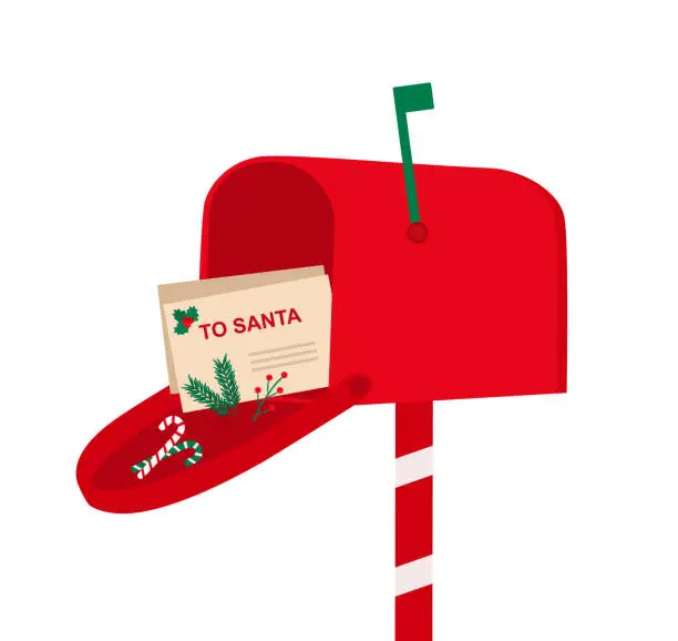 Vector illustration of Christmas Open Mailbox With Candy Canes, Fir Branches And Wish Letters For Santa Claus. Merry Christmas And Happy New Year Concept